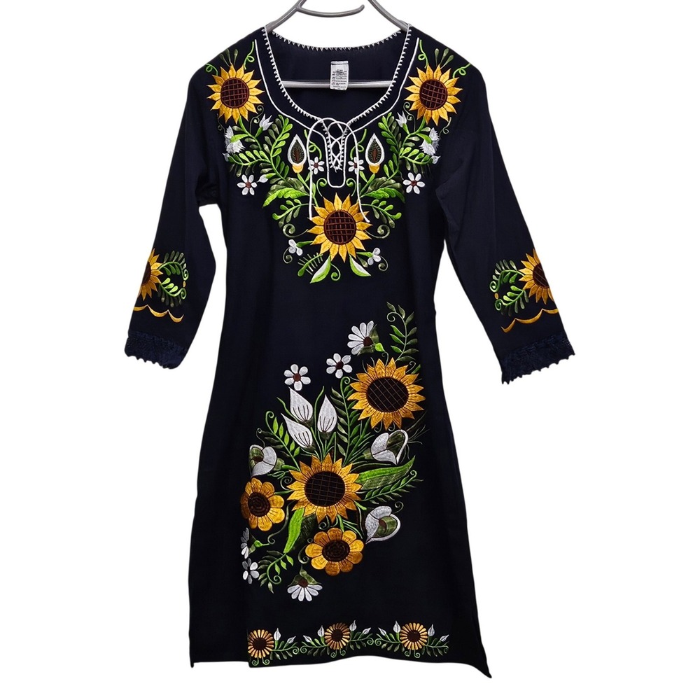 Mexican Tunic Dress Womens S Navy Blue Sunflower Embroidered Boho Indie Festival